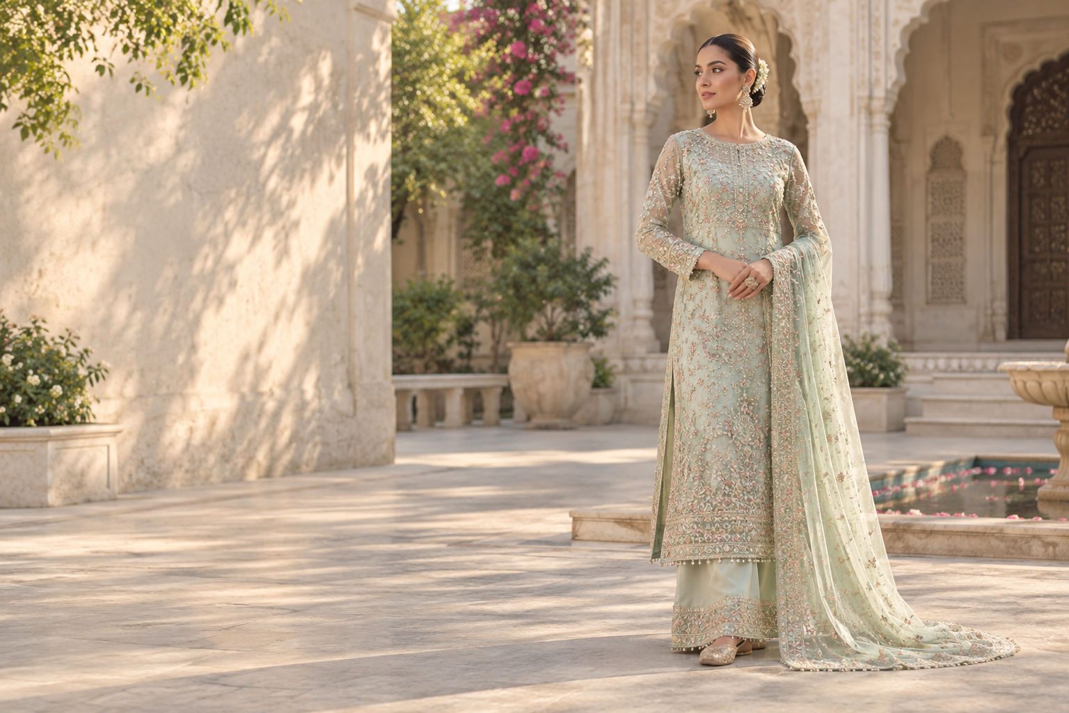 A modern South Asian occasionwear look in a softly lit courtyard